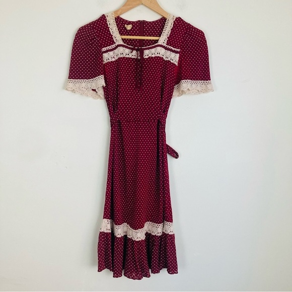 Other - Vintage 1970s girls brick red polkadot prairie dress with crochet trim. Size 11.